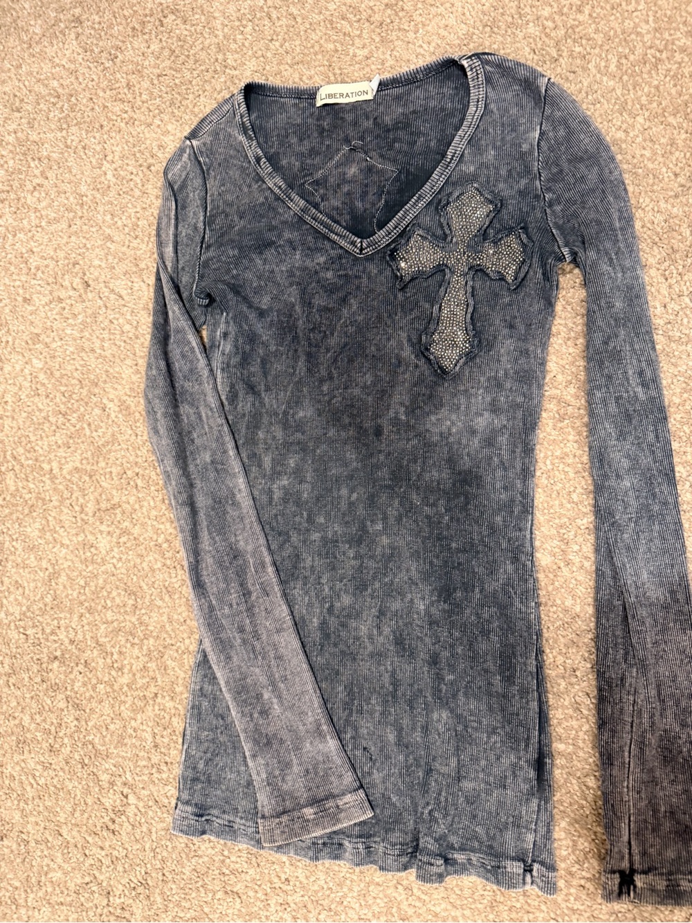 Liberation Vintage Wash Long Sleeve Top with Embellished Cross - Charcoal